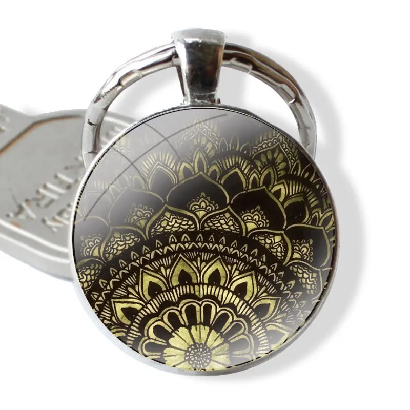 Keychain Handmade Glass Cabochon Key Ring Holder Pendant Key Chains Cartoon Fashion Creative Design Indian Pattern Mandala