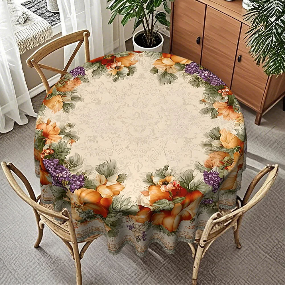 Round Tablecloth with Watercolor Autumn Floral Pumpkin Maple Leaf Beige Lace-like Pattern Creamy White Golden Harvest