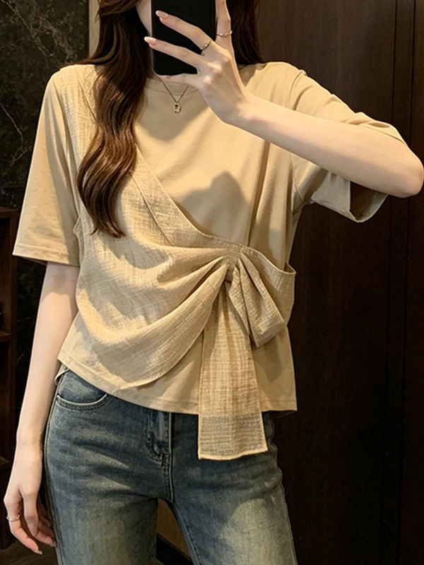 

plus Size Summer New round Neck Gauze Splice Short Sleeve T-Shirt Belly Cover Slimming Casual Top for plus Size Women