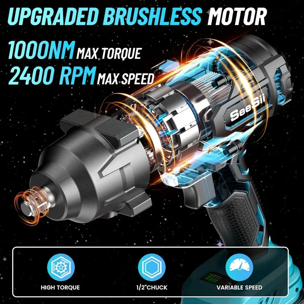 Cordless Impact Wrench High Torque,1/2" Brushless Impact Gun w/Two 4.0AH Battery,Fast Charger, 5 Socket