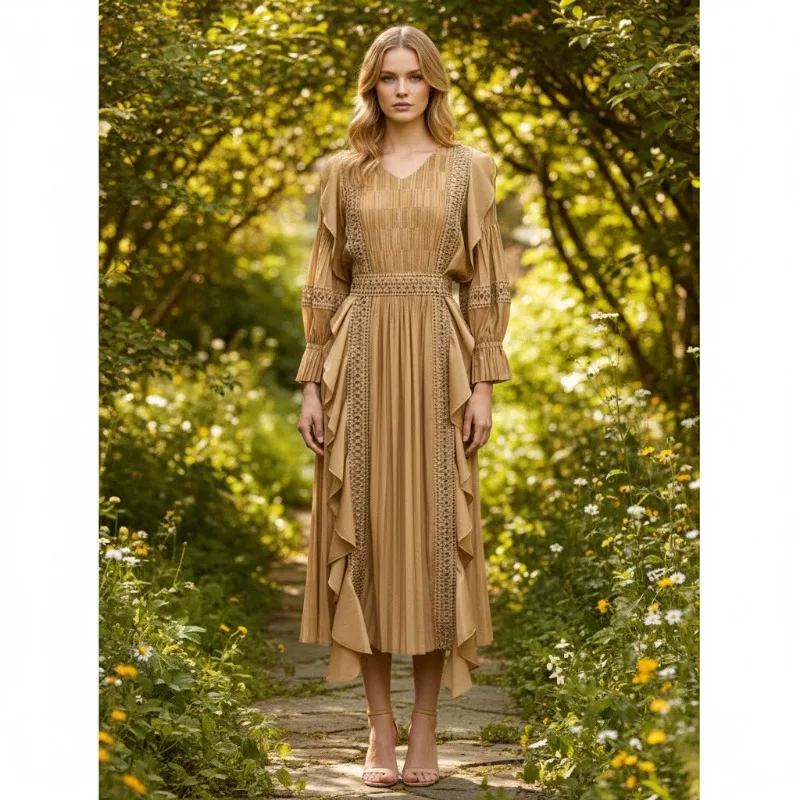 

Miyake платья с рюшами и v-образным вырезом, блестками, ажурное кружевное длинное платье с рюшами, весна 2026, новое весеннее платье с рукавами-фонариками и рюшами