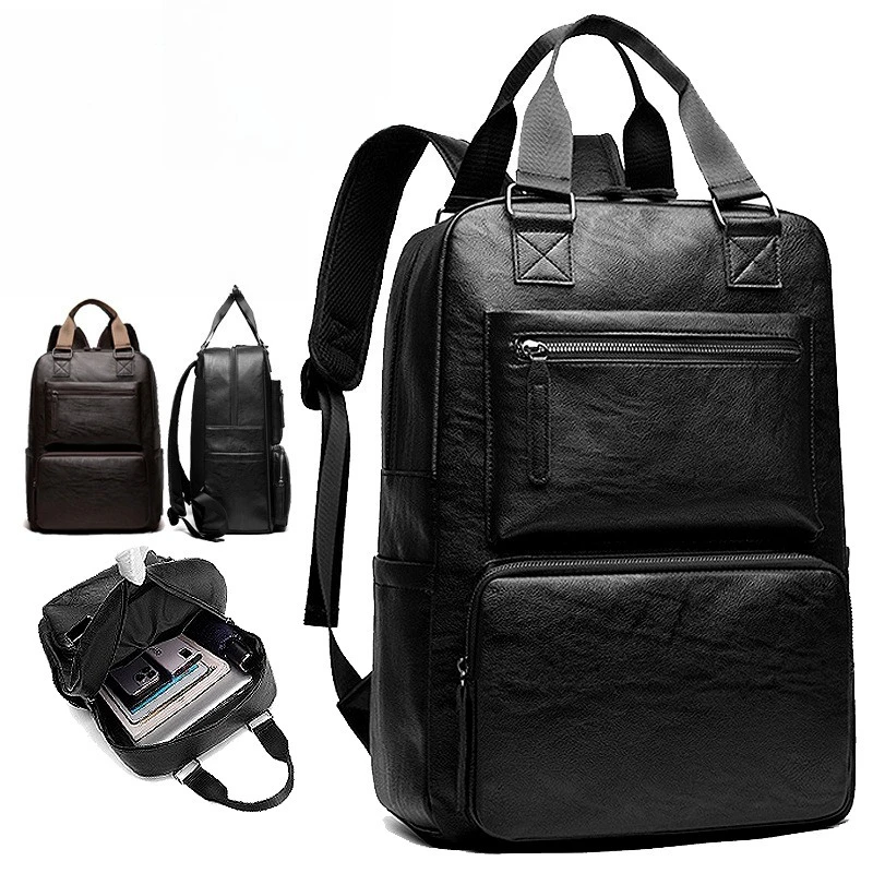 

PU leather men's business waterproof dual-shoulder computer backpack, hand-held, wear-resistant, large-capacity travel bag