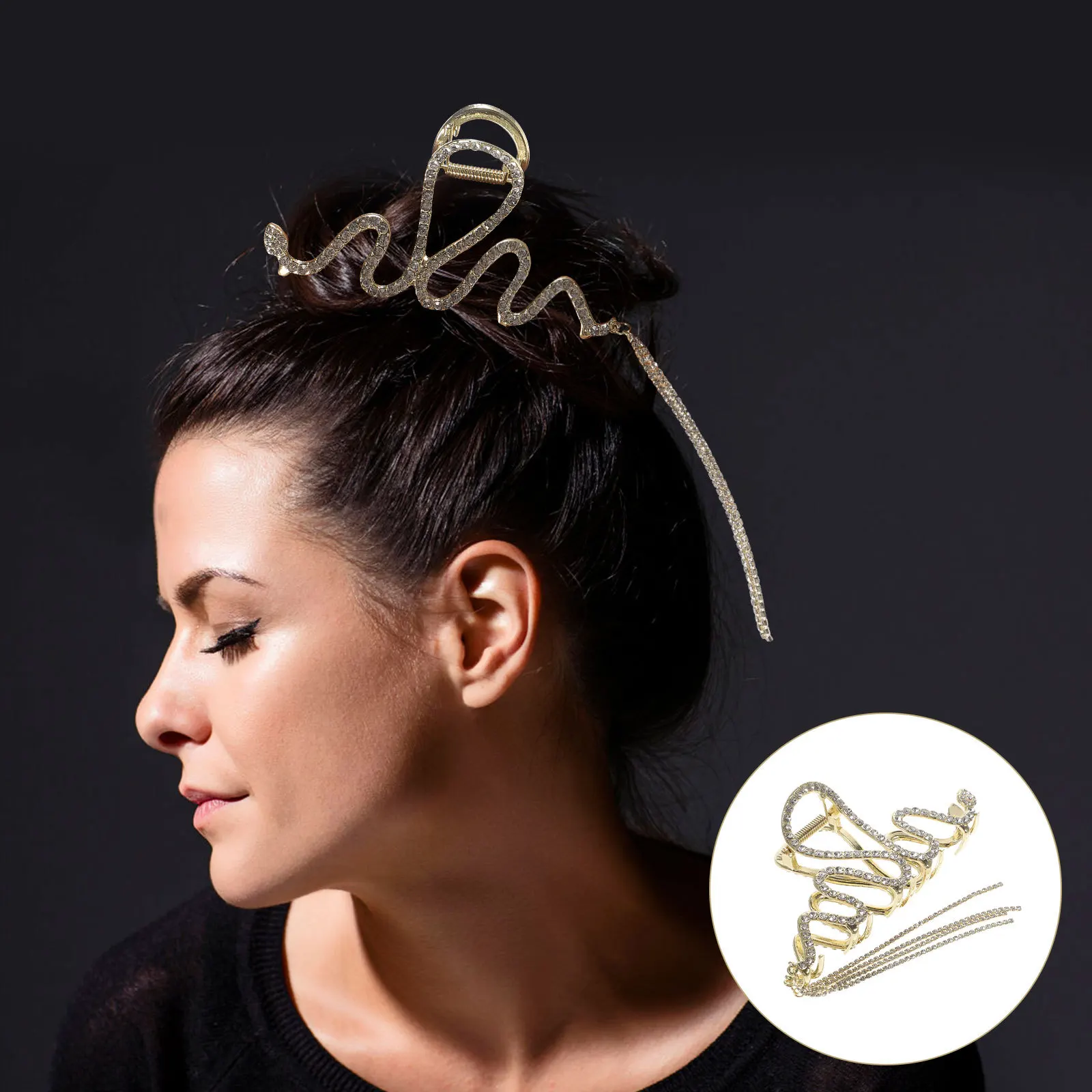 

Стильный зажим для волос в виде змеи с кисточкой и стразами, большой зажим для женщин, повседневная одежда, инструмент для укладки свадьбы, женские заколки для волос