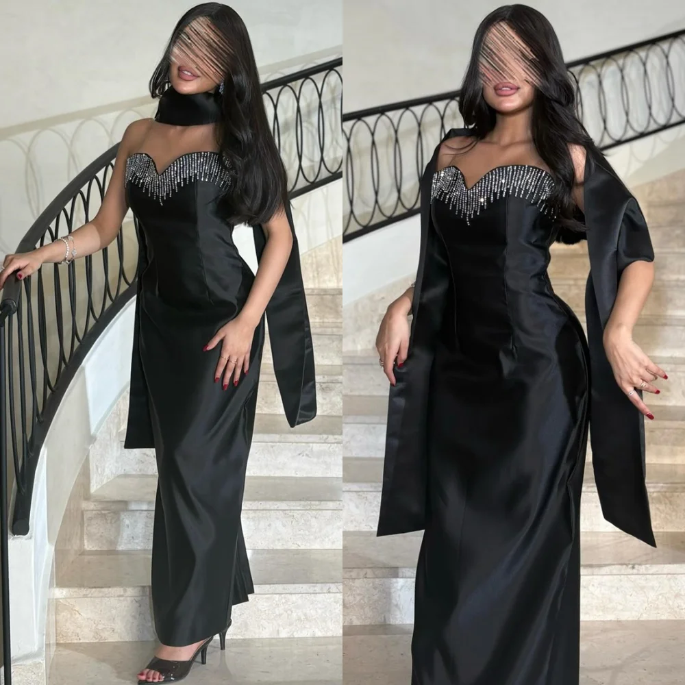 

Customized Temperament Black Satin Evening Dresses Fashion Strapless Sleeveless Homecoming Dresses Exquisite Prom Dress