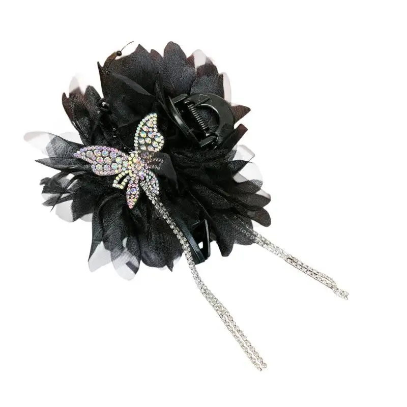 Weiche, flauschige Tüll-Haarklammern mit Strass-Schmetterling, funkelnden Kristallen und Quasten für Damen, geeignet für Hochzeiten und Partys. – Detail 6