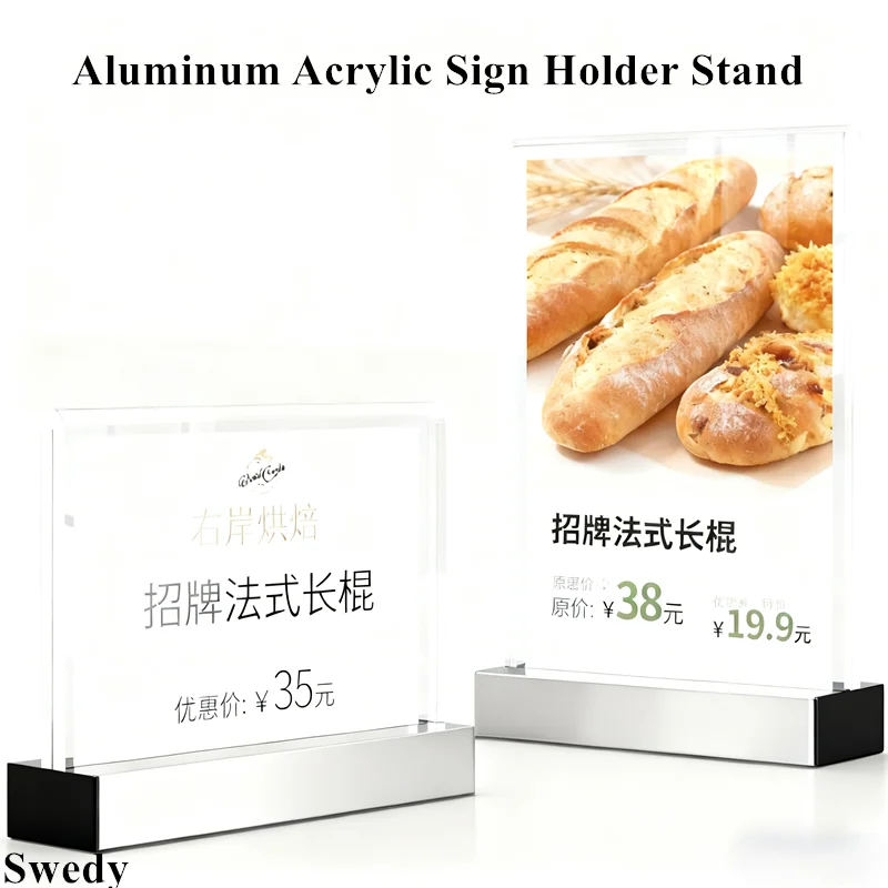 55x90mm /100x70mm Aluminum Table Clear Acrylic Sign Holder Price Name Card Tags Menu Label Holder Display Stand