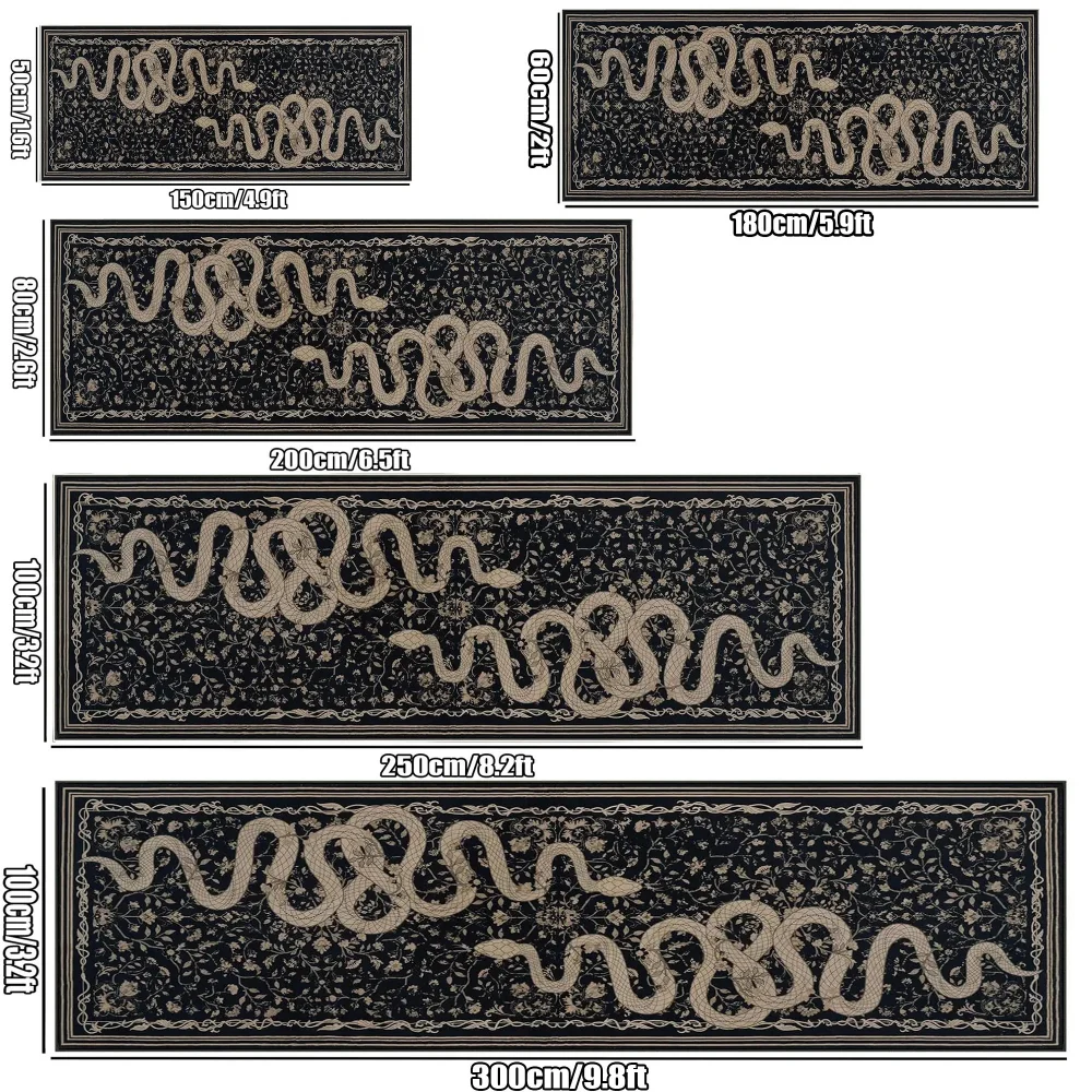 VIKAMA Black Vintage Snake Floral Runner Rug Non-Slip Washable Floor Mat for Hallway Living Room Home Decor