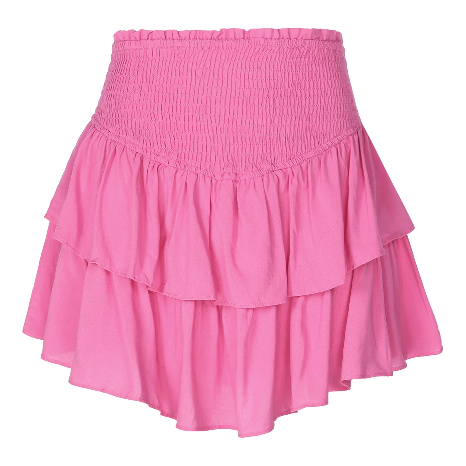 

Womens High Waist Ruffle Skirt Solid Color Shirring Elastic Waistband Skirts Built-In Shorts Layered Miniskirt