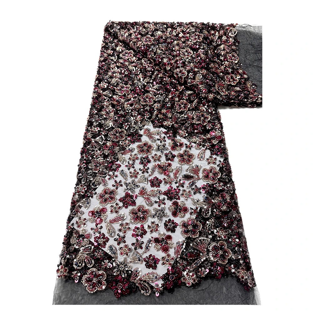 

African Tulle Lace Fabric 2025 high quality Nigerian bridal sequined beaded mesh lace fabric lady gown ladies party dress