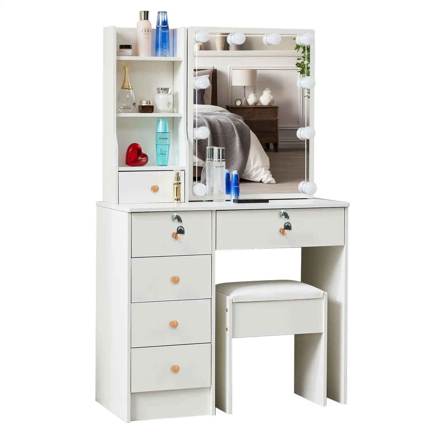 White LED Makeup Vanity Table Set with Sliding Mirror, Multi Drawers with Lock, Open Storage Shelves & Cushioned Stool, Bedroom Dressing Table Cosmetic Desk