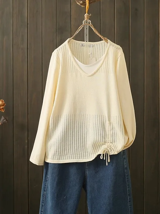 Fall plus Size 200 Pounds Side Drawstring Knitwear Women's Long Sleeve Casual Loose Fit V-Neck  Color Top for Older Women