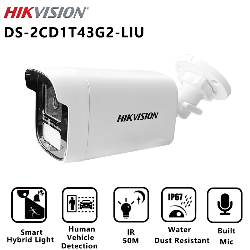 

Hikvision Smart hybrid Light DS-2CD1T43G2-LIU 4MP Security Camera system Built-in MiC IR 50M IP67 Outdoor POE Surveillance CCTV
