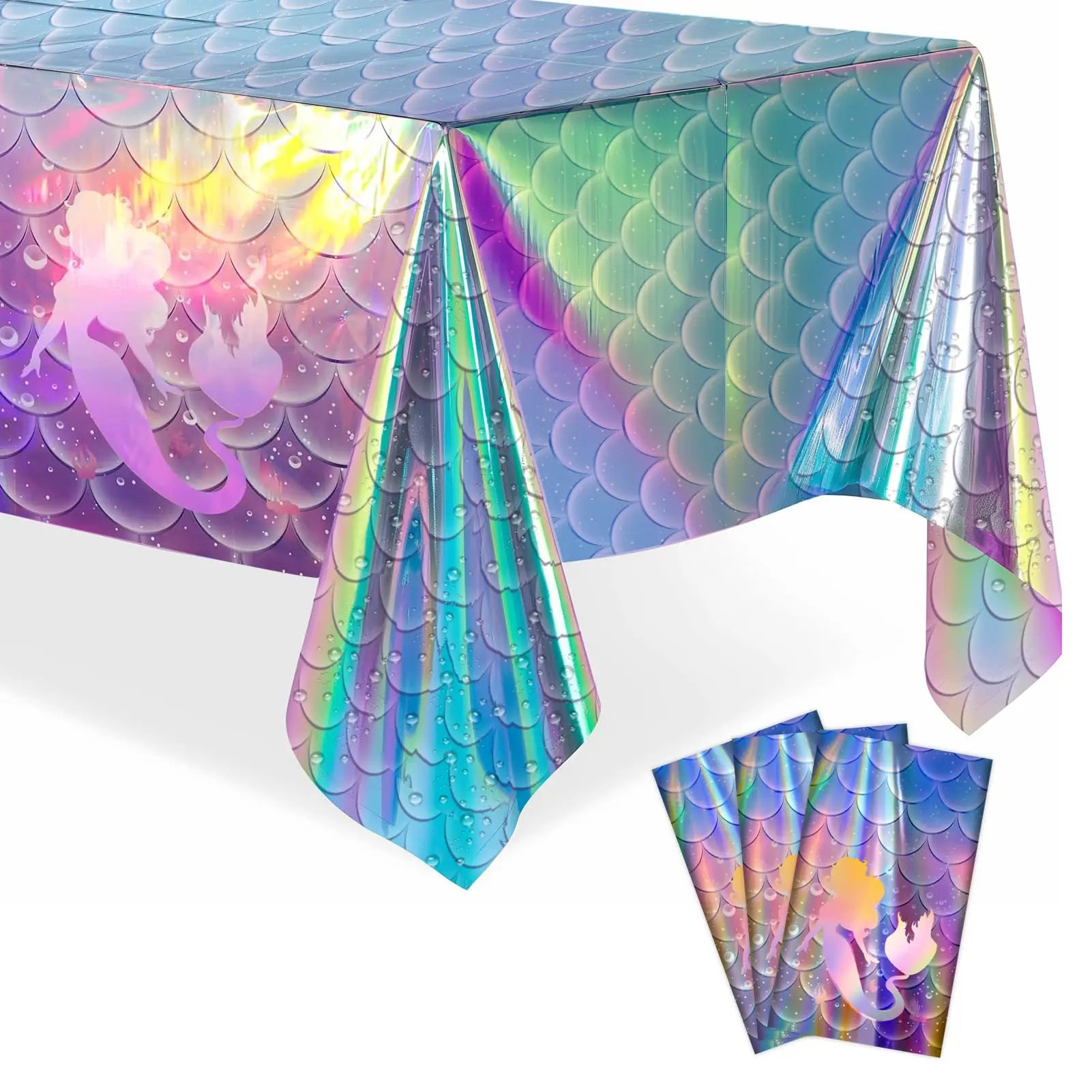 

3pcs Mermaid Tablecloth Disposable Iridescent Tablecloth Little Mermaid Birthday Party Decorations