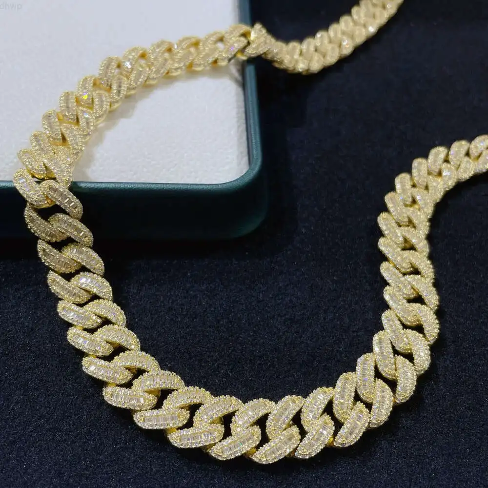 Luxury Gold Color Cuban Chain 14mm Baguette d Color Vvs Moissanite Custom Silver Hip Hop Iced Out Cuban Necklace