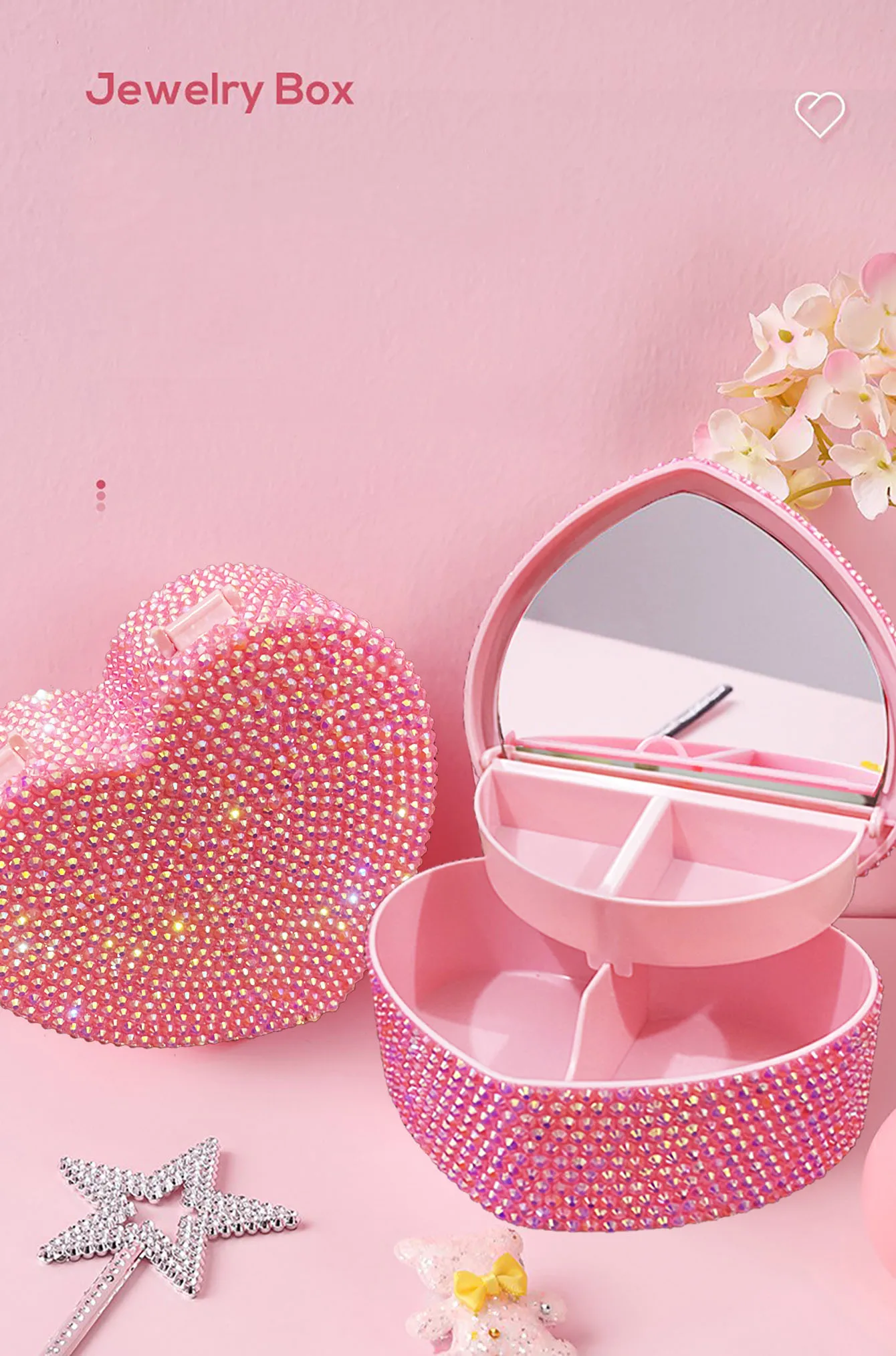 Diamond heart-shaped jewelry box Diy gift storage box desktop double cosmetic mirror storage box heart-shaped jewelry.