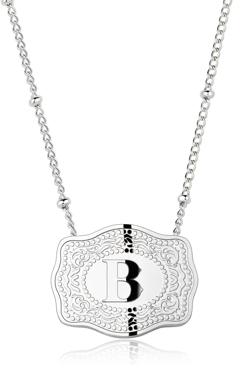 

Rhodium-Plated Initial Letter Pendant Necklace with Embossed Belt Buckle, Free Chain Included, Personalized Necklace for Women