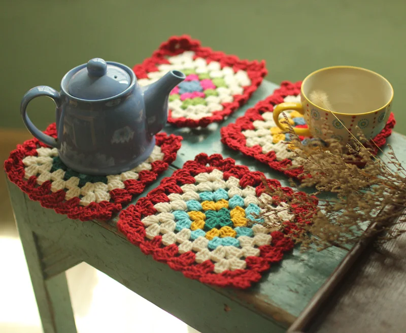 European retro literary pastoral shawl blanket 3D flower table flag 33*220cm and 4pcs 17*17cm coaster set