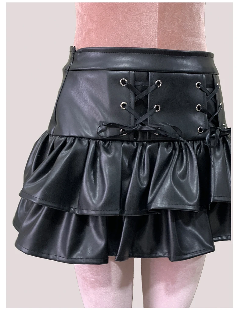 Nerazzurri Summer Autumn Soft Black Pu Leather Mini Tiered Pleated Skirt Women Lace Up Short Luxury Designer Punk Style Clothes