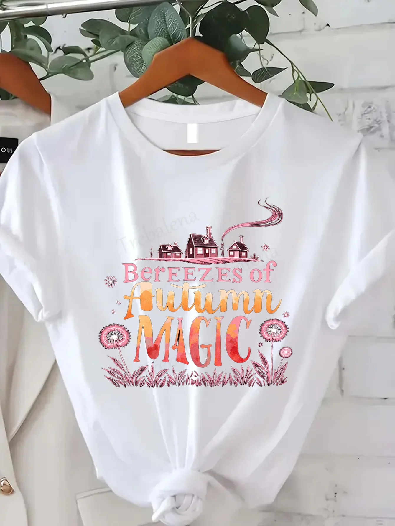 

Comfortable Women's Print T-shirt Autumn Magic Breezes T-Shirt, Fall Cottage Scene, Cozy Seasonal Graphic Tee