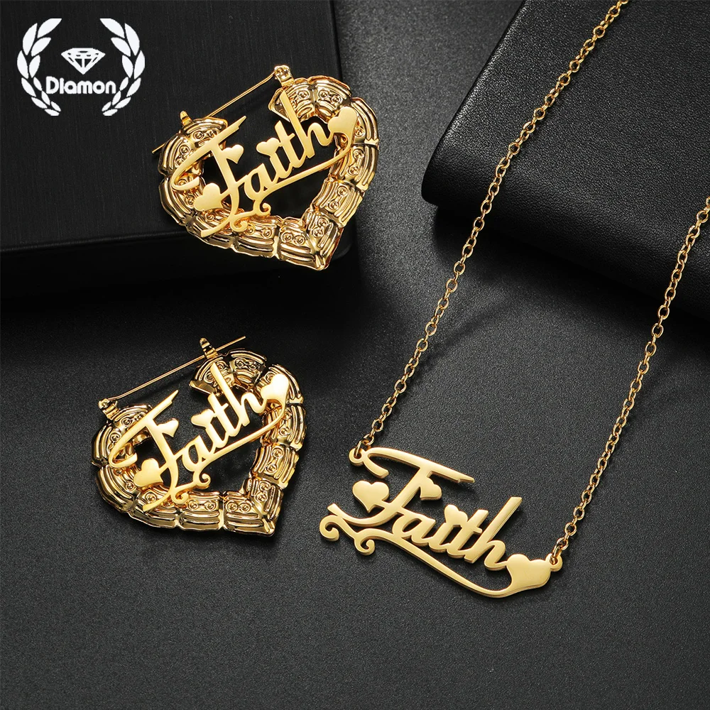 

Бамбуковые серьги-кольца с бриллиантами на заказ, ожерелье в форме сердца, комплект ювелирных изделий из нержавеющей стали, подарок любви для пар, его Hers, романтический подарок