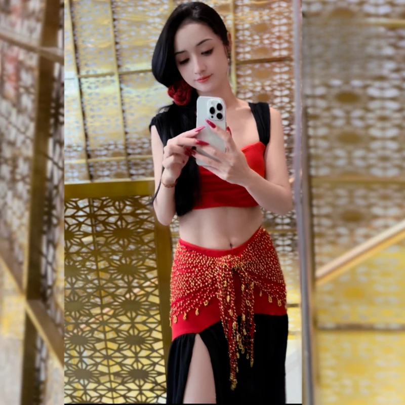 New Belly Dance Hip Scarf Woven Skirt Belly Dancing Belt Triangle Shawl Tassel Beaded Belts Waist Chain Cover for Women Girls
