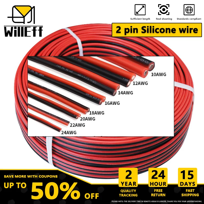 100m/Roll 2-Pin Dual-core wire 2-Pin Silicone wire 2-Pin Silicone cable Black Red Electrical wires Soft Heat-resistant wire