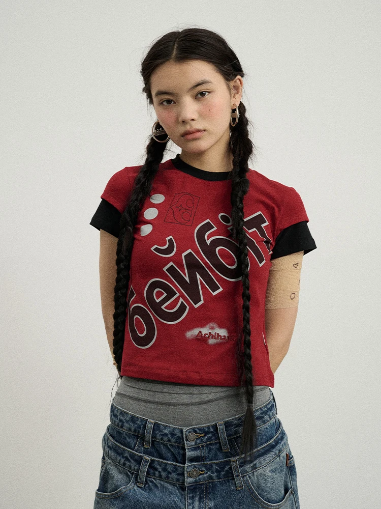 Achihara Cisas Eve Fake Two-Piece ort Sve Summer T-irt Women's ort oulder Fit Cotton Polyester Qui Dry round...