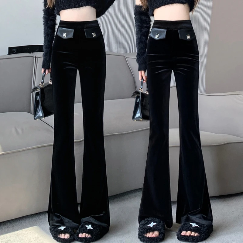 

Women Golden velvet Fashion High Waist Flare Pants 2023 Winter New Black Slim Trumpet Trendy Pants Ladies Commuter Long Trousers