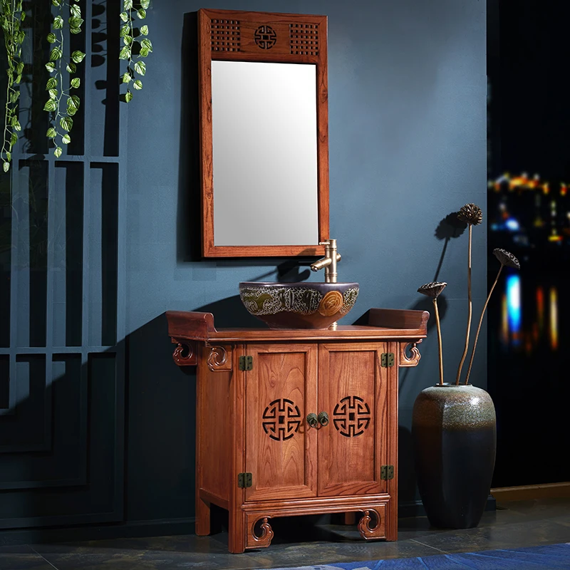 Antique solid wood bathroom cabinet combination Chinese bathroom cabinet Floor-to-ceiling bathroom washstand Ming and Qing class