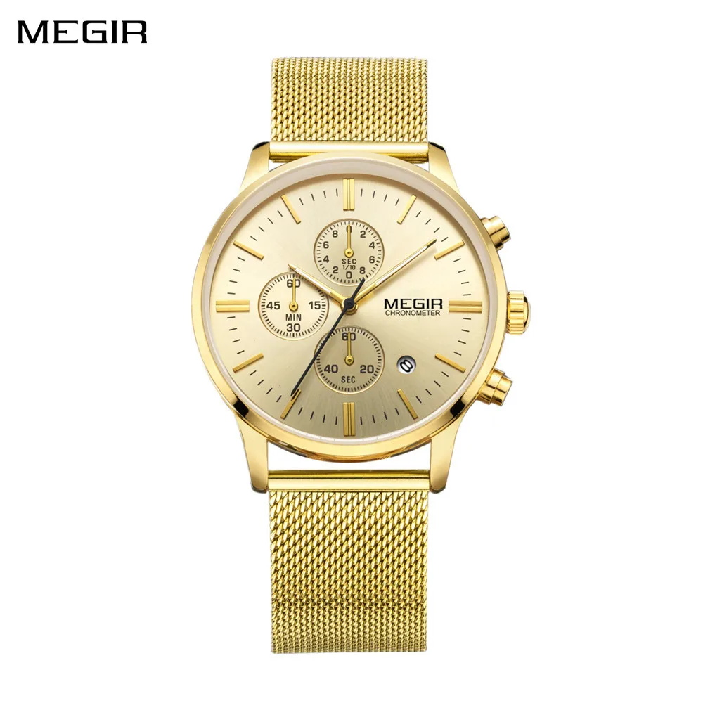 MEGIR Luxury Men Quartz Watch Steel Mesh Strap Sport Military Watches Business Wristwatch Male Clock Chronograph Montre Homme