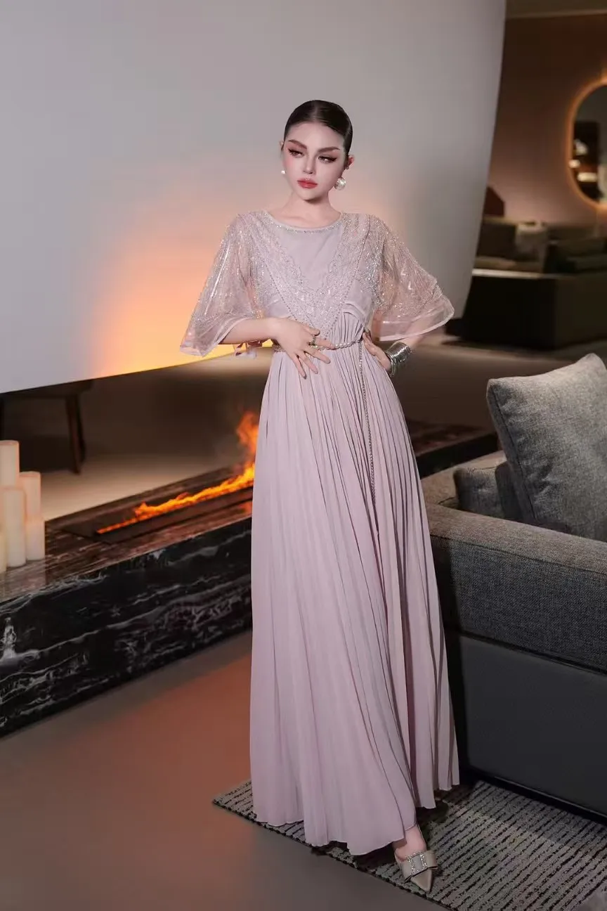 صيف جديد س الرقبة رائعة شبكة حبة التطريز + الخفافيش كم تصميم نوبل وأنيق مطوية كبيرة سوينغ المرأة فستان S-3XL #5