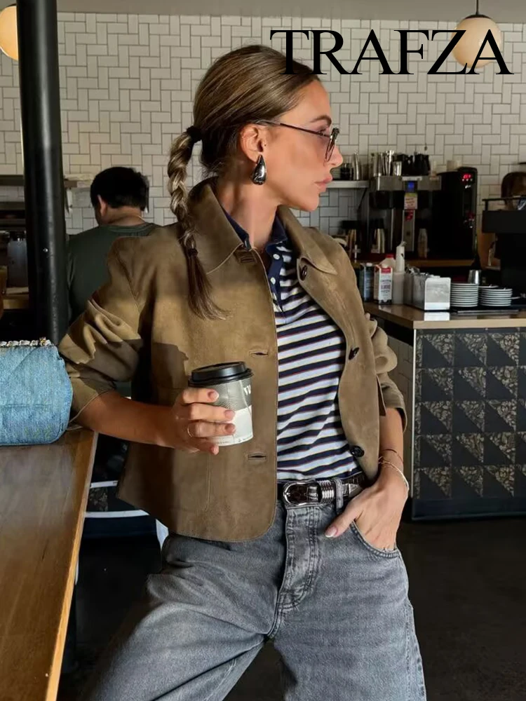 

HH Women Autumn New Fashion Vintage Pockets Suede Coats Female Chic Lapel Single Breasted 2-Color High Street Casual Jacket