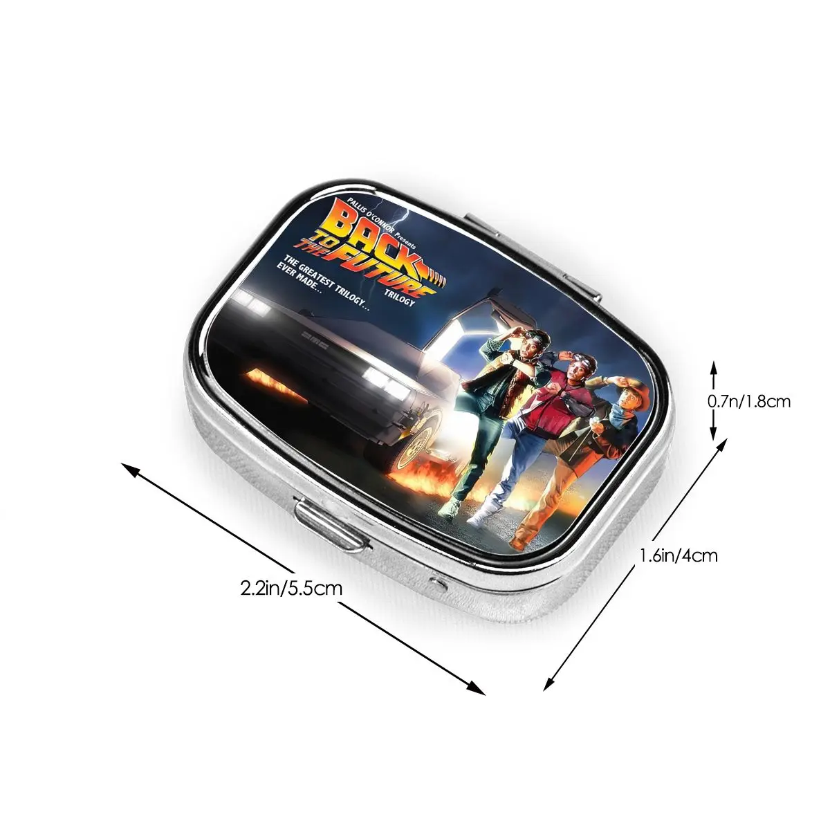 العودة إلى المستقبل صندوق حبوب معدنية مدمج لفيلم كوميدي الخيال العلمي مكون من قطعتين حاوية منظم حبوب مربع للسفر