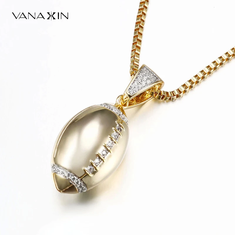 VANAXIN  Ball Rugby Pendant For Men Zircon Hip Hop Necklace Women Jewelry Gift