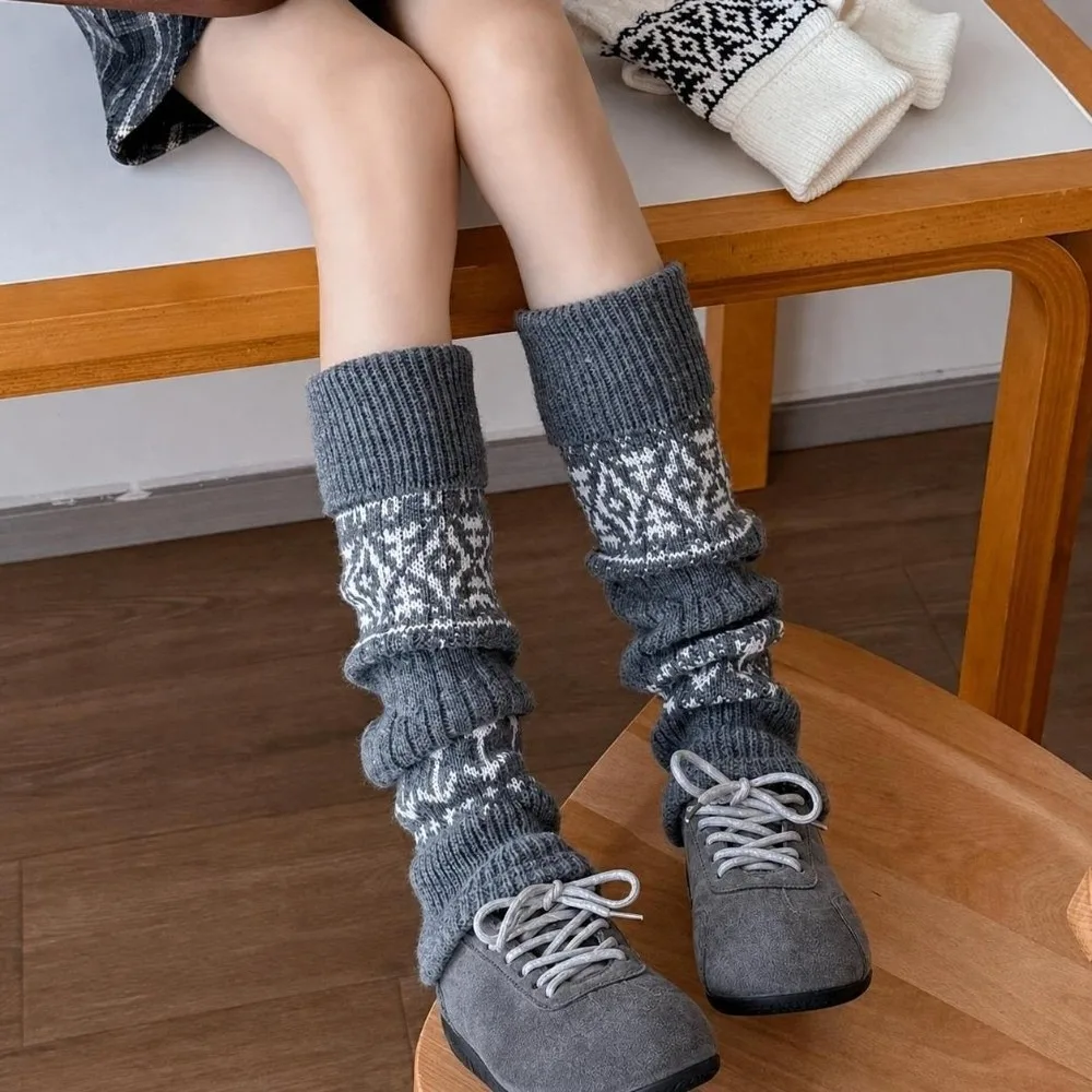 Fair Isle Style Slouch Leg Warmers Thick Fleece Stretchy Fabric Leg Cuffs Cashmere Blend Calf Socks Snow Boot Match