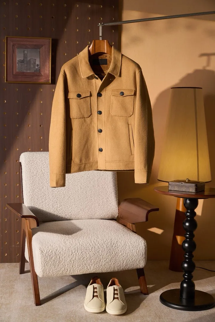 Men's Old Money Style Wool Cashmere Blend Workwear Shirt Jacket Long Sleeve Turn-Down Collar Luxury Coat