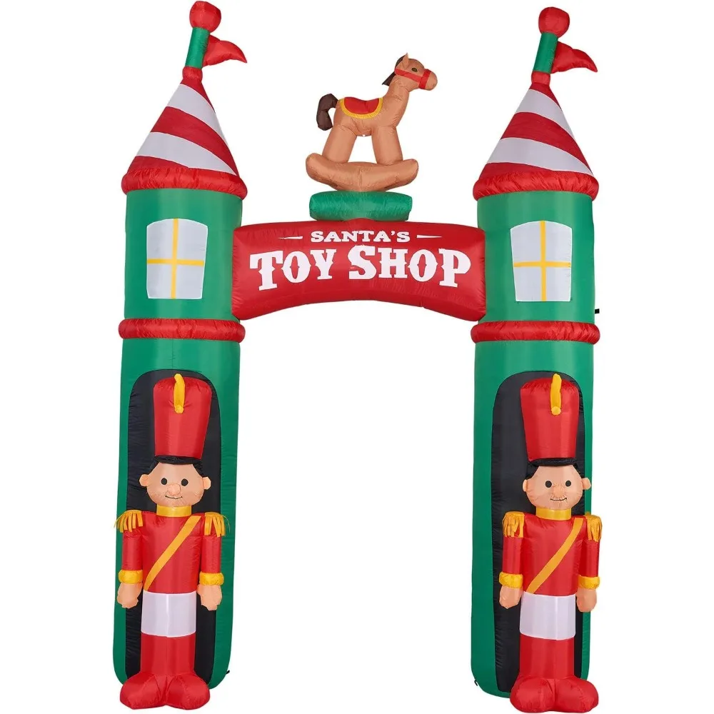 

10-Ft. Tall Santa's Shop Archway with Toy Soldiers and Rocking Horse, Blow Up Inflatable with Lights and Storag