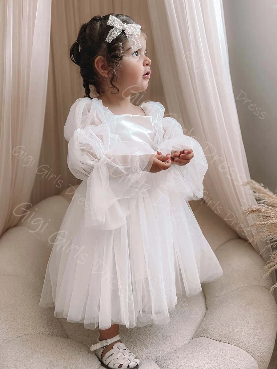 Baby Girls Party Gown Square Neck Tiered Sleeves Flower Girl Dress with Sashes Ankle-Length Custom Communion Christening Dress