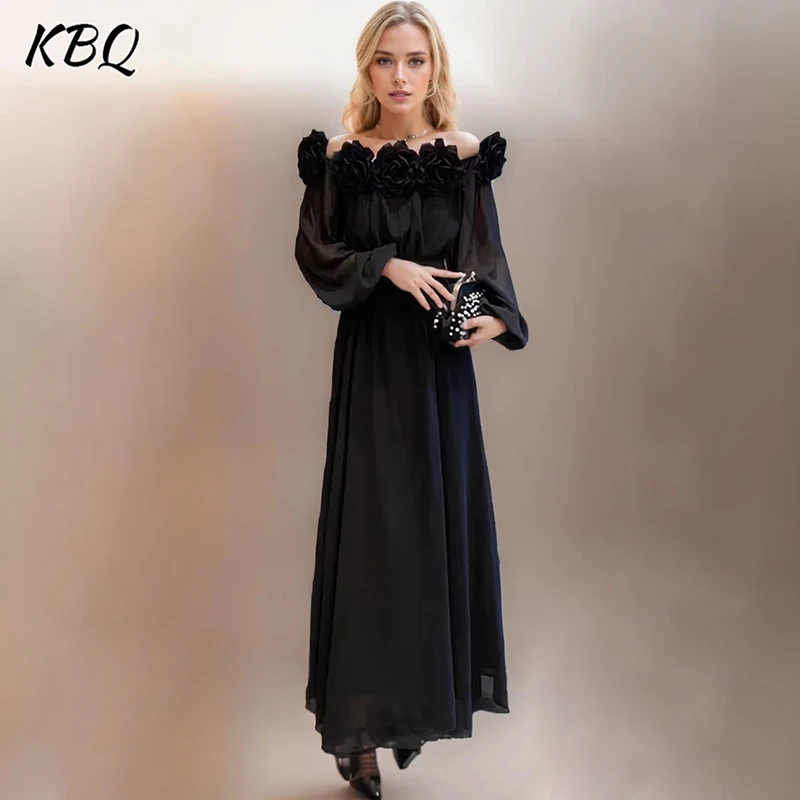 

KBQ Solid Patchwork Appliques Elegant Dress For Women Slash Neck Lantern Sleeve High Waist Spliced Belt Long Dresses Female New