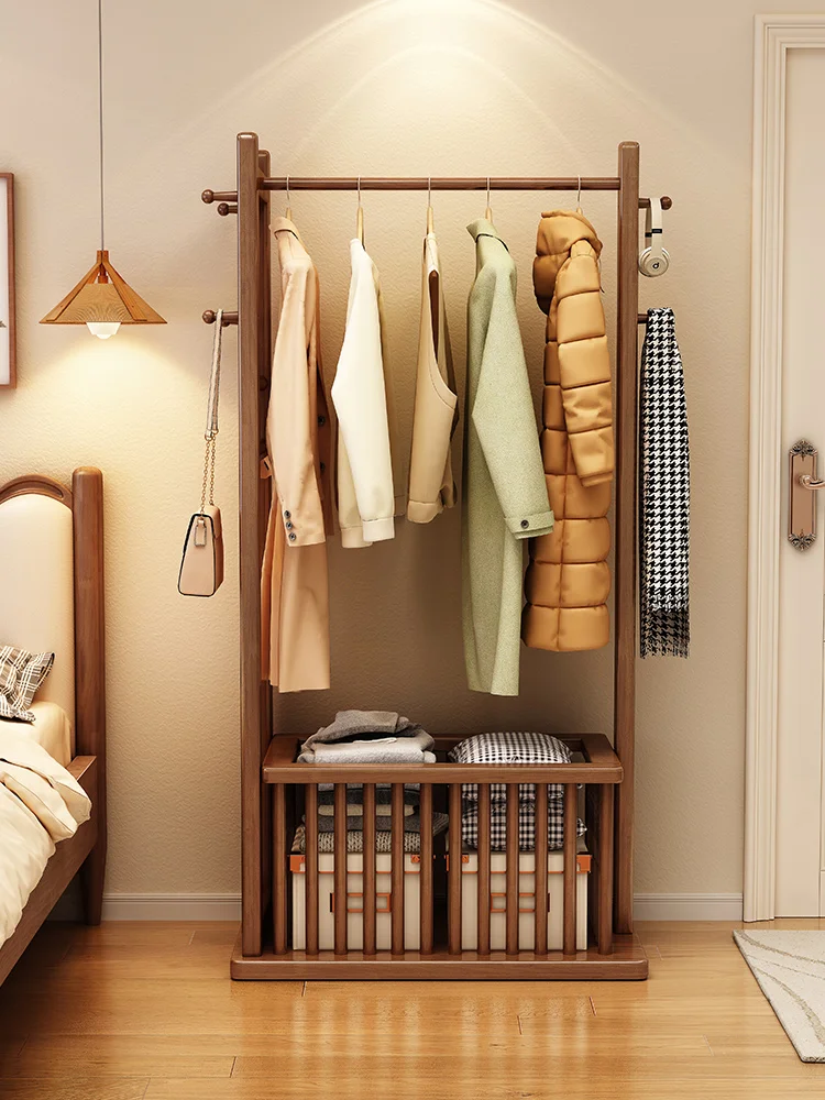 #Solid Wood Floor-Standing Coat Rack & Hanger Minimalist Design Durable Eco-Friendly Living Room & Bedroom Storage Basket Shelf