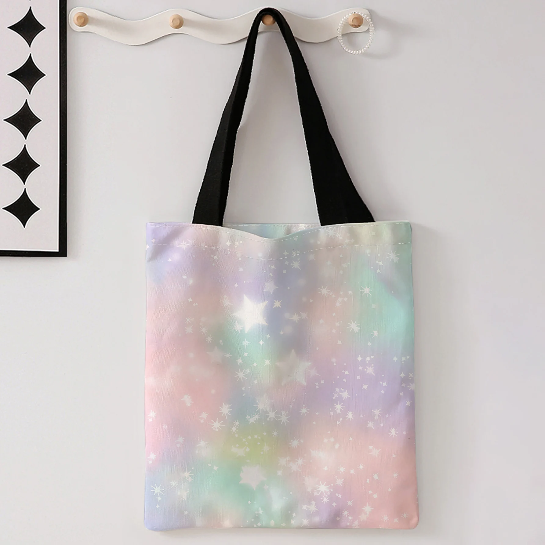 Starry Sky White Star Print Tote Bag Large Capacity Shoulder Bag For Shopping Travel Daily Use