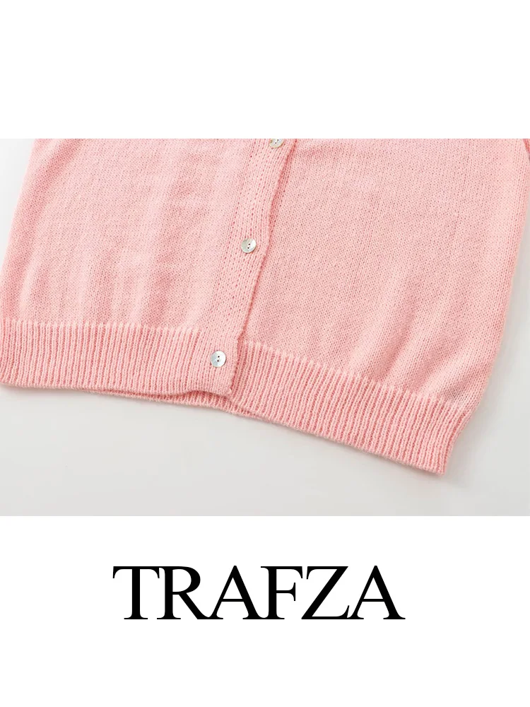 TRAFZA Female Chic Solid O-Neck Single-Breasted Buttons Long Sleeve Street Knitted Cardigan Autumn Women's Sweater Jacket Mujer