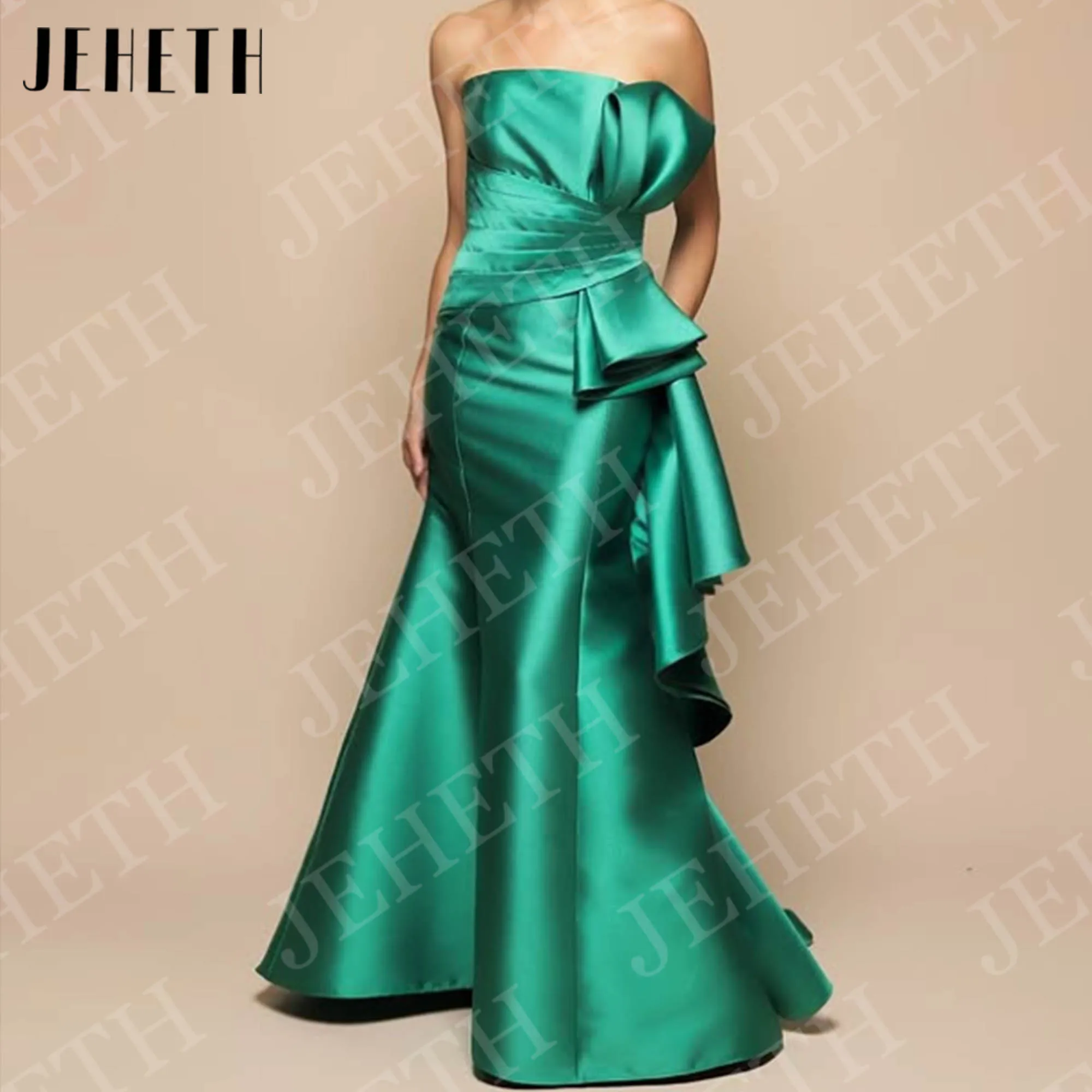 

JEHETH Elegant Strapless Evening Dresses Chic Sleeveless Mermaid Satin Ruffle Party Dress Woman Customized robe de soirée femme