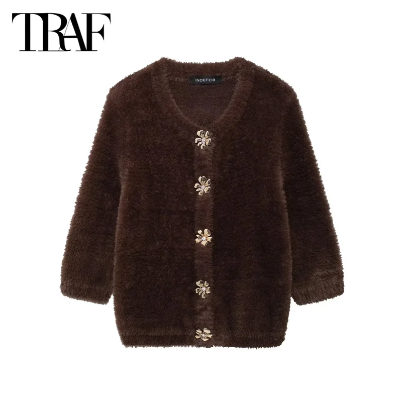 TRAF Brown Faux Fur Cardigans 2024 Women's Autumn Winter Cropped Knitted Outerwears Ladies Fashion Casual Short Knitwear Coats