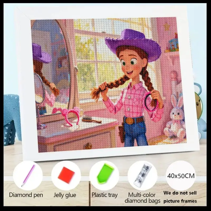 

1PC 5D Full Drill Square Diamond Painting Kit, DIY Cute Cartoon Cowgirl Girl Braiding Hair Mirror Scene Art, Large Crystal Gem P