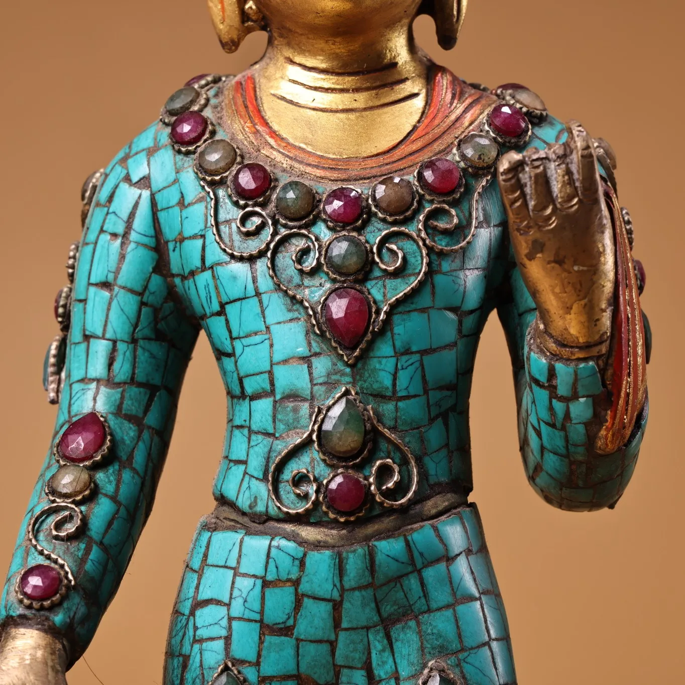 

15"Tibetan Temple Collection Old Bronze Outline in gold Mosaic Gem Turquoise Shakyamuni Da Ri Tathagata Buddha Worship Hall
