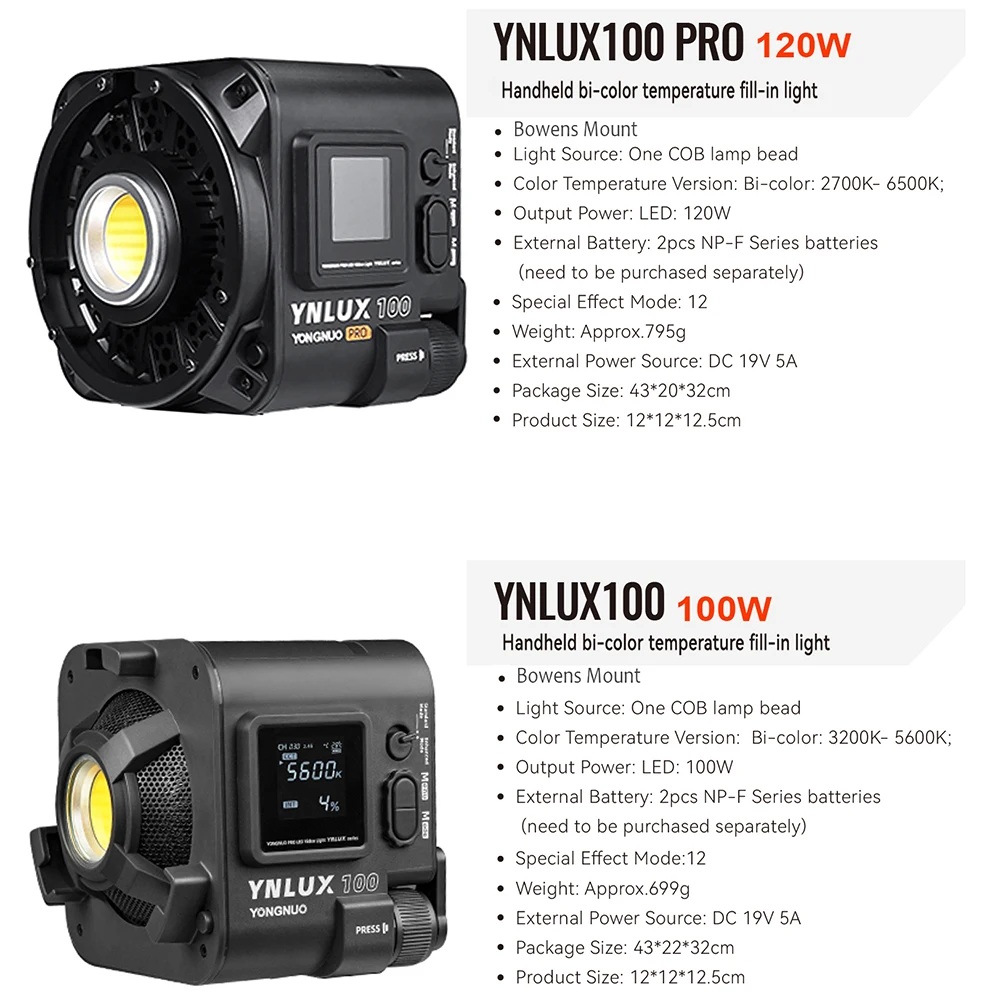 Yongnuo YNLUX100 PRO 100W/120W Bi-color Handheld Led Video Light COB Lamp 3200-5600K DSLR Outdoor Photography Fill Lighting