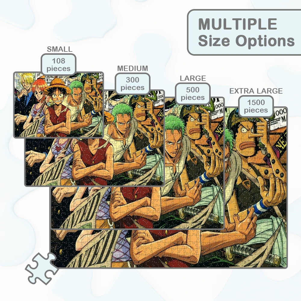 인기 애니메이션 원피스 대형 성인용 직소 퍼즐 밀짚모자 해적단 재미있는 가족 게임 성인용 몽키 D. 루피 로로노아 조로 퍼즐