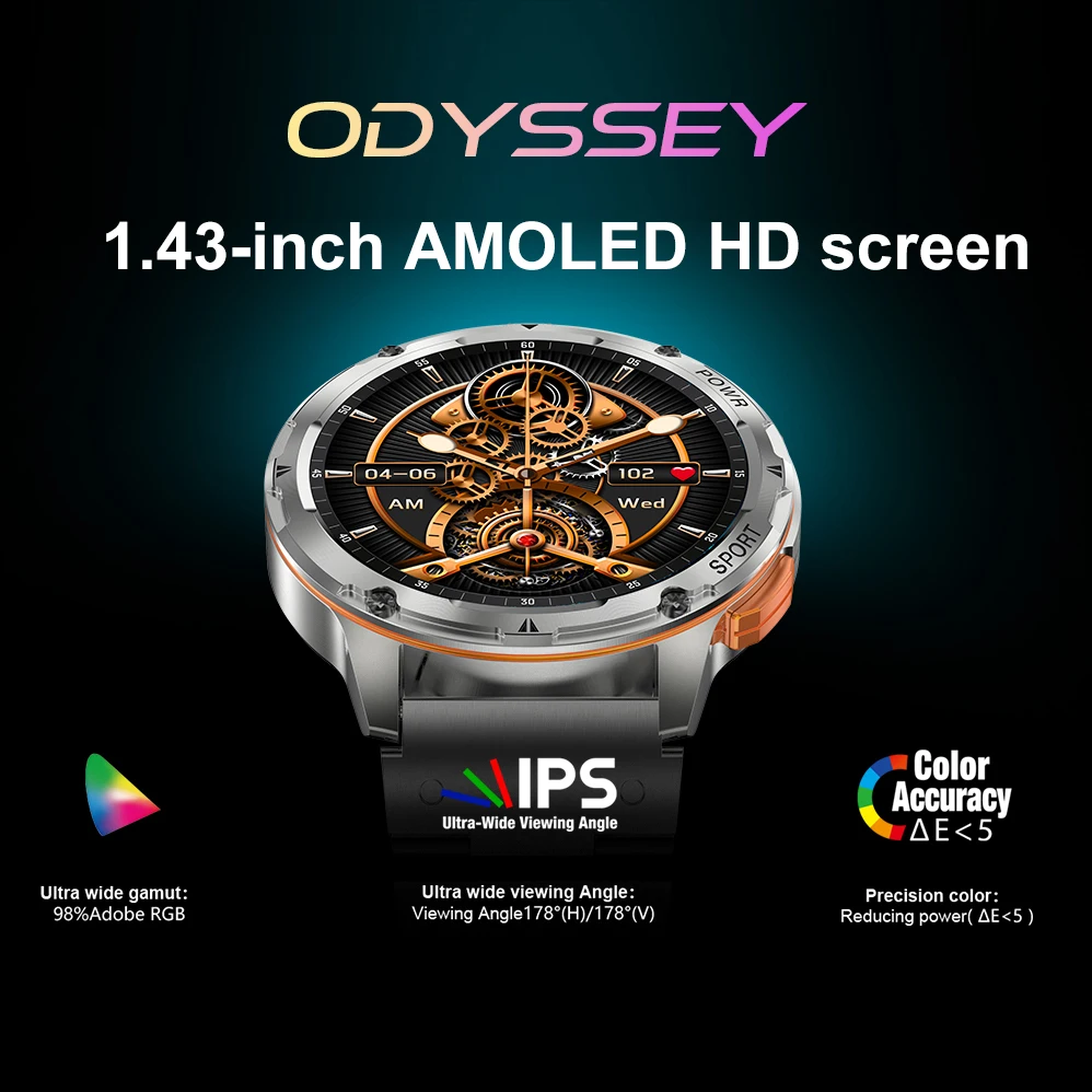 

ODYSSEY Спортивные умные часы 1,43-дюймовый HD большой экран 400 мАч Большая батарея Мониторинг сердечного ритма и кислорода в крови Мужские умные часы