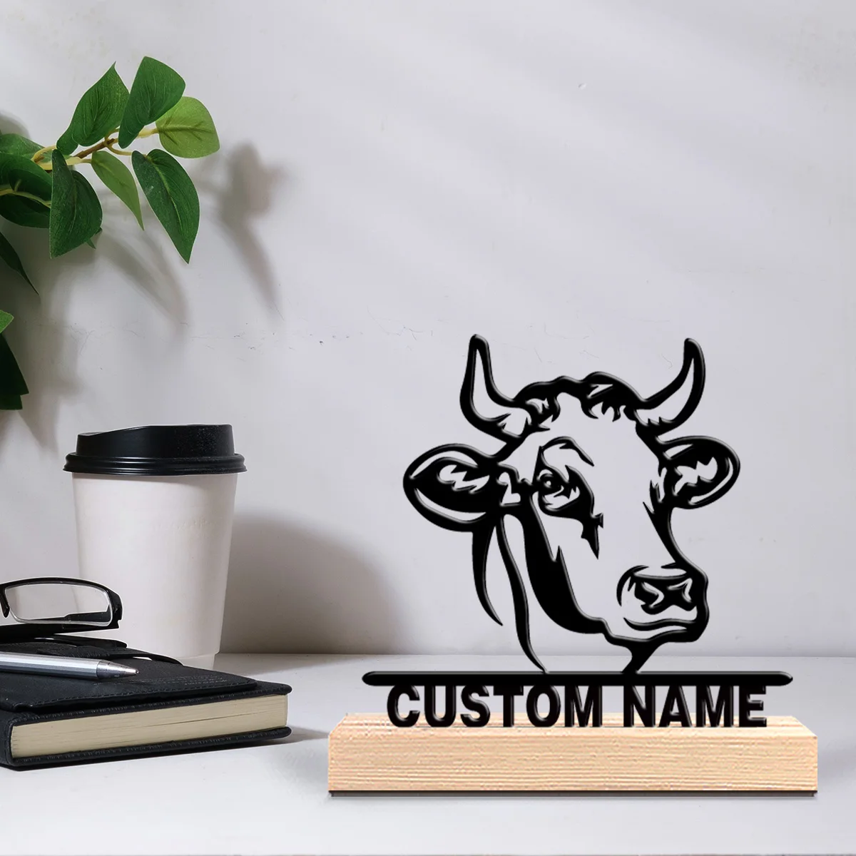 1pc Stylish Personalized Custom Ox head Metal Art With Wooden Base Tabletop Decoration Botanical Wooden Base Desk Art for Natur